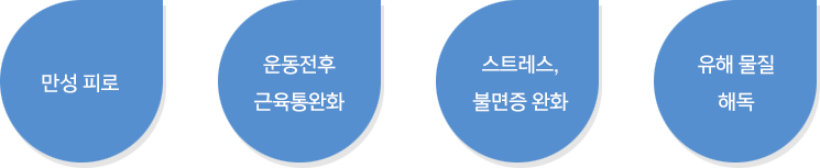 만성피로, 운동전후 근육통완화, 스트레스, 불면증 완화, 유해물질 해독