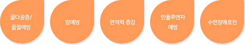 골다공증/ 골절예방, 암예방, 면역력 증감, 인플루엔자 예방, 수면장애호전